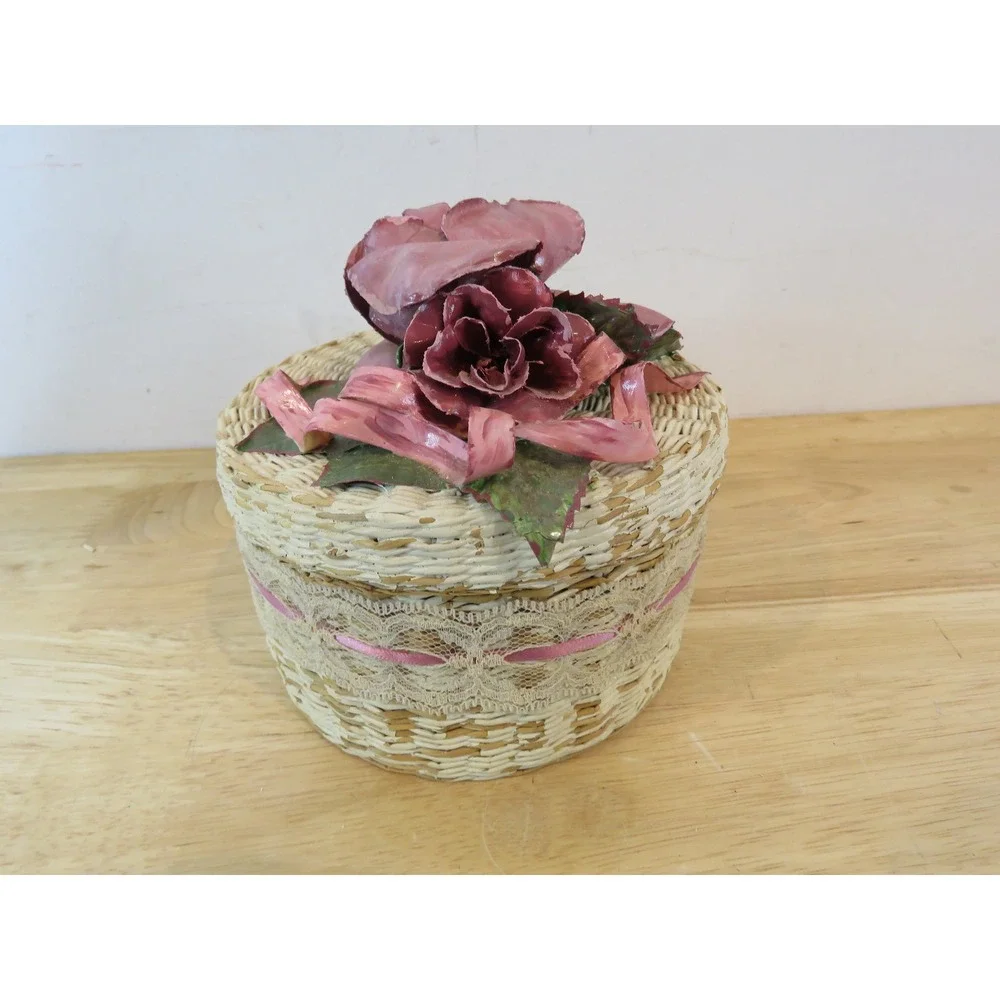 Vintage Floral Woven Nesting Baskets Set of 4 Decorative Lace Trim Storage Boxes